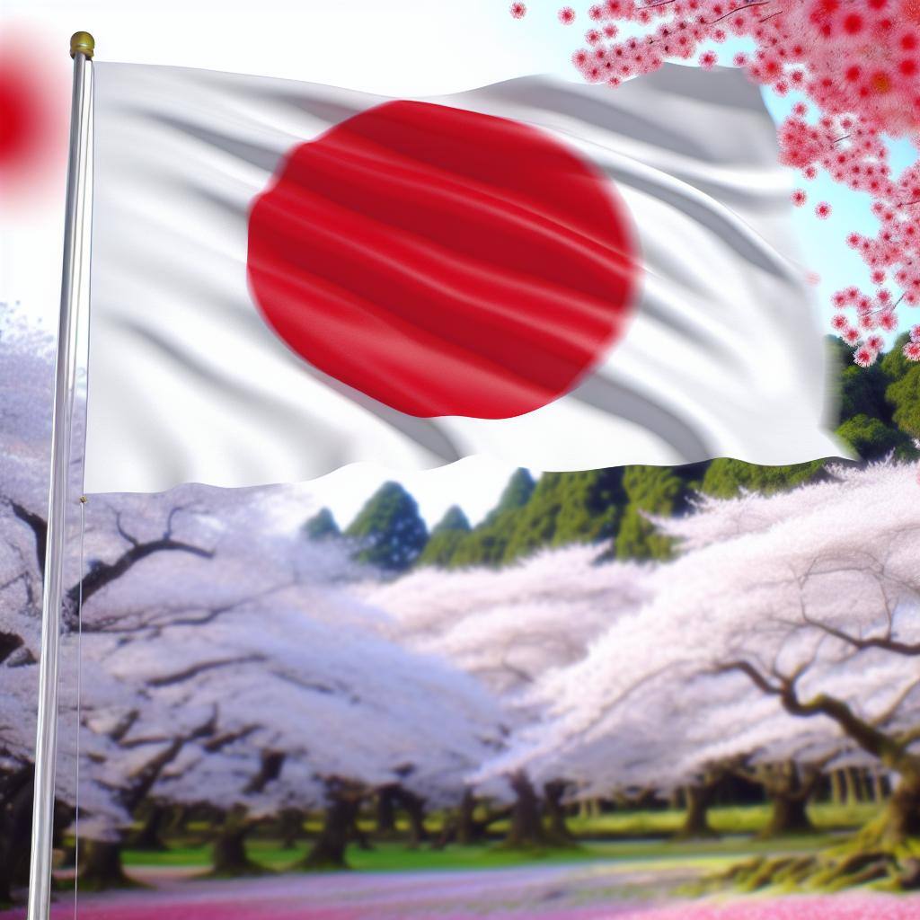 A Japanese flag waving in the wind against a backdrop of cherry blossom trees.