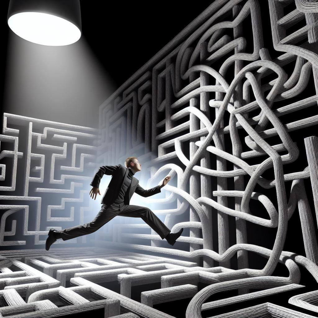 A person carefully maneuvering through a maze of tangled lines and overlapping shapes, with a spotlight shining on them as they try to avoid becoming trapped.