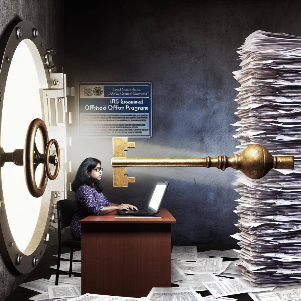 机の前に座り、書類の山と財務書類を表示するコンピューター画面に囲まれ、