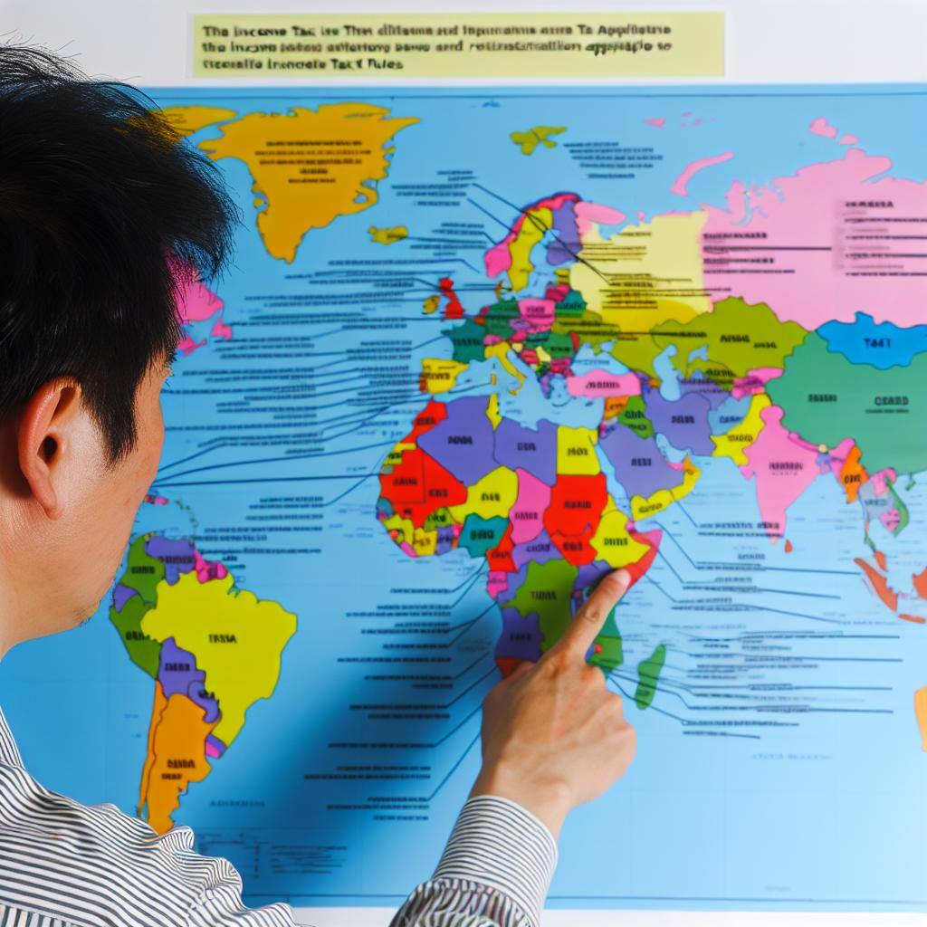 A person studying a map of the world with various income tax laws and regulations highlighted.